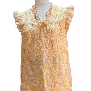 Loft Womens S Yellow Embroidered Short Ruffle Sleeve Baby Doll Peasant Boho Top